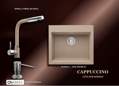 Güney Ankastre RealStone Cappuccino Atelier Evye Batarya Seti - Didyma 60 K002 60x53 cm + Spiralli Pirinç Batarya + Inox Sıvı Sabunluk