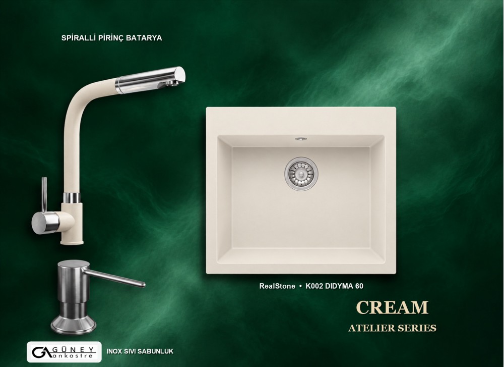 Güney Ankastre RealStone Krem Atelier Evye Batarya Seti - Didyma 60 K002 60x53 cm + Spiralli Pirinç Batarya + Inox Sıvı Sabunluk