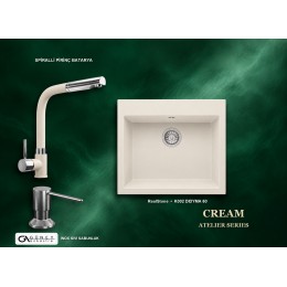 Güney Ankastre RealStone Krem Atelier Evye Batarya Seti - Didyma 60 K002 60x53 cm + Spiralli Pirinç Batarya + Inox Sıvı Sabunluk