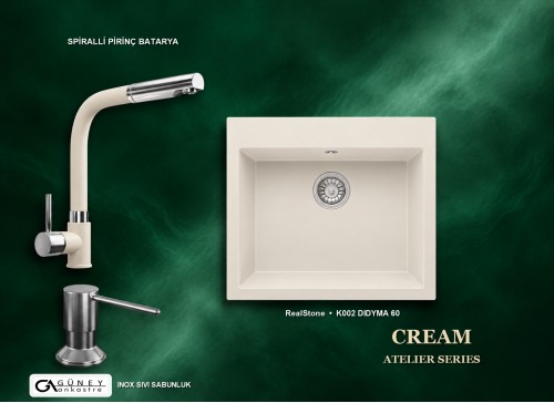 Güney Ankastre RealStone Krem Atelier Evye Batarya Seti - Didyma 60 K002 60x53 cm + Spiralli Pirinç Batarya + Inox Sıvı Sabunluk