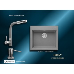 Güney Ankastre RealStone Gri Atelier Evye Batarya Seti - Didyma 60 K002 60x53 cm + Spiralli Pirinç Batarya + Inox Sıvı Sabunluk