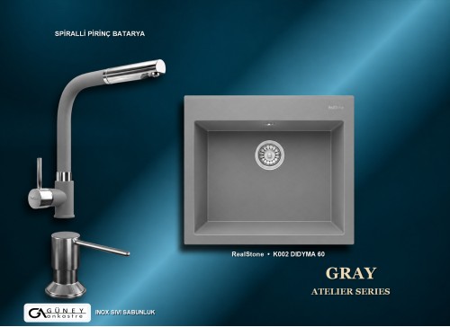 Güney Ankastre RealStone Gri Atelier Evye Batarya Seti - Didyma 60 K002 60x53 cm + Spiralli Pirinç Batarya + Inox Sıvı Sabunluk
