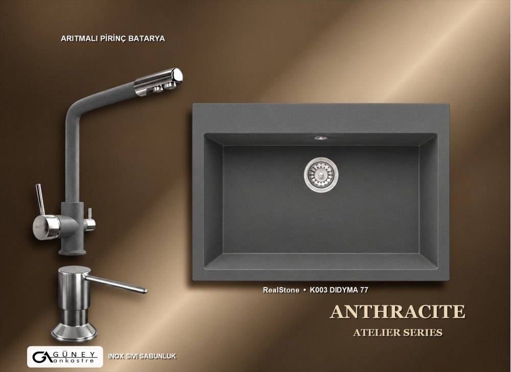 Güney Ankastre RealStone Antrasit Atelier Evye Batarya Seti - Didyma 77 K003 77x53 cm + Arıtmalı Pirinç Batarya + Inox Sıvı Sabunluk Güney Ankastre RealStone Antrasit Atelier Evye Batarya Seti - Didyma 77 K003 77x53 cm + Arıtmalı Pirinç Batarya + Inox Sıvı Sabunluk