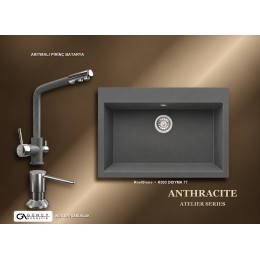 Güney Ankastre RealStone Antrasit Atelier Evye Batarya Seti - Didyma 77 K003 77x53 cm + Arıtmalı Pirinç Batarya + Inox Sıvı Sabunluk