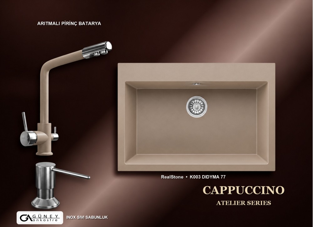 Güney Ankastre RealStone Cappuccino Atelier Evye Batarya Seti - Didyma 77 K003 77x53 cm + Arıtmalı Pirinç Batarya + Inox Sıvı Sabunluk Güney Ankastre RealStone Cappuccino Atelier Evye Batarya Seti - Didyma 77 K003 77x53 cm + Arıtmalı Pirinç Batarya + Inox Sıvı Sabunluk