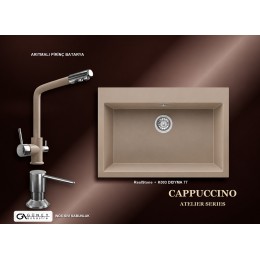 Güney Ankastre RealStone Cappuccino Atelier Evye Batarya Seti - Didyma 77 K003 77x53 cm + Arıtmalı Pirinç Batarya + Inox Sıvı Sabunluk