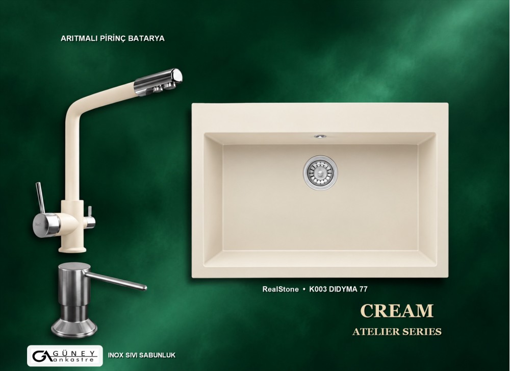 Güney Ankastre RealStone Krem Atelier Evye Batarya Seti - Didyma 77 K003 77x53 cm + Arıtmalı Pirinç Batarya + Inox Sıvı Sabunluk Güney Ankastre RealStone Krem Atelier Evye Batarya Seti - Didyma 77 K003 77x53 cm + Arıtmalı Pirinç Batarya + Inox Sıvı Sabunluk