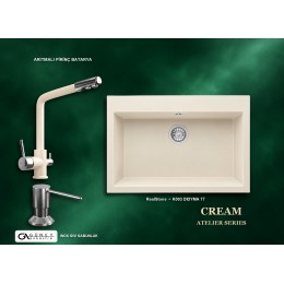 Güney Ankastre RealStone Krem Atelier Evye Batarya Seti - Didyma 77 K003 77x53 cm + Arıtmalı Pirinç Batarya + Inox Sıvı Sabunluk