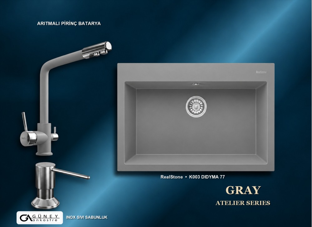Güney Ankastre RealStone Gri Atelier Evye Batarya Seti - Didyma 77 K003 77x53 cm + Arıtmalı Pirinç Batarya + Inox Sıvı Sabunluk Güney Ankastre RealStone Gri Atelier Evye Batarya Seti - Didyma 77 K003 77x53 cm + Arıtmalı Pirinç Batarya + Inox Sıvı Sabunluk