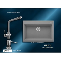 Güney Ankastre RealStone Gri Atelier Evye Batarya Seti - Didyma 77 K003 77x53 cm + Arıtmalı Pirinç Batarya + Inox Sıvı Sabunluk