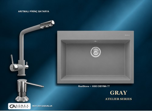 Güney Ankastre RealStone Gri Atelier Evye Batarya Seti - Didyma 77 K003 77x53 cm + Arıtmalı Pirinç Batarya + Inox Sıvı Sabunluk