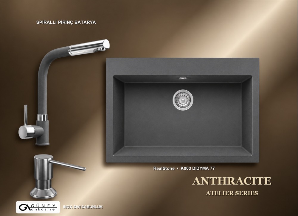 Güney Ankastre RealStone Antrasit Atelier Evye Batarya Seti - Didyma 77 K003 77x53 cm + Spiralli Pirinç Batarya + Inox Sıvı Sabunluk Güney Ankastre RealStone Antrasit Atelier Evye Batarya Seti - Didyma 77 K003 77x53 cm + Spiralli Pirinç Batarya + Inox Sıvı Sabunluk