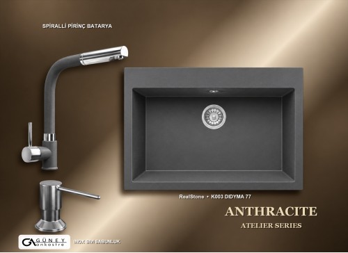 Güney Ankastre RealStone Antrasit Atelier Evye Batarya Seti - Didyma 77 K003 77x53 cm + Spiralli Pirinç Batarya + Inox Sıvı Sabunluk