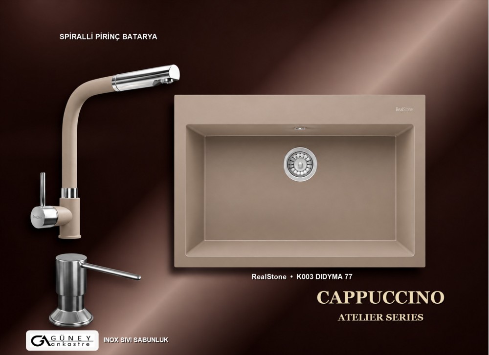 Güney Ankastre RealStone Cappuccino Atelier Evye Batarya Seti - Didyma 77 K003 77x53 cm + Spiralli Pirinç Batarya + Inox Sıvı Sabunluk Güney Ankastre RealStone Cappuccino Atelier Evye Batarya Seti - Didyma 77 K003 77x53 cm + Spiralli Pirinç Batarya + Inox Sıvı Sabunluk
