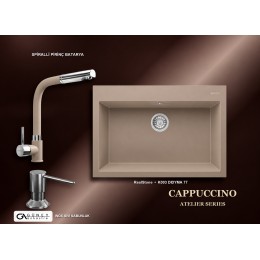 Güney Ankastre RealStone Cappuccino Atelier Evye Batarya Seti - Didyma 77 K003 77x53 cm + Spiralli Pirinç Batarya + Inox Sıvı Sabunluk