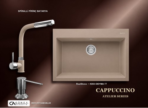 Güney Ankastre RealStone Cappuccino Atelier Evye Batarya Seti - Didyma 77 K003 77x53 cm + Spiralli Pirinç Batarya + Inox Sıvı Sabunluk