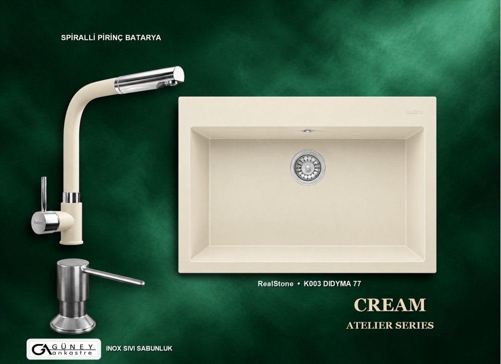Güney Ankastre RealStone Krem Atelier Evye Batarya Seti - Didyma 77 K003 77x53 cm + Spiralli Pirinç Batarya + Inox Sıvı Sabunluk