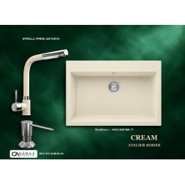 Güney Ankastre RealStone Krem Atelier Evye Batarya Seti - Didyma 77 K003 77x53 cm + Spiralli Pirinç Batarya + Inox Sıvı Sabunluk