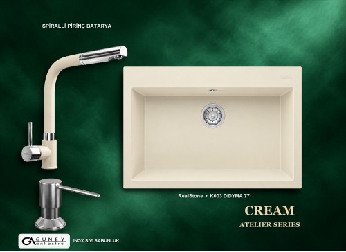 Güney Ankastre RealStone Krem Atelier Evye Batarya Seti - Didyma 77 K003 77x53 cm + Spiralli Pirinç Batarya + Inox Sıvı Sabunluk