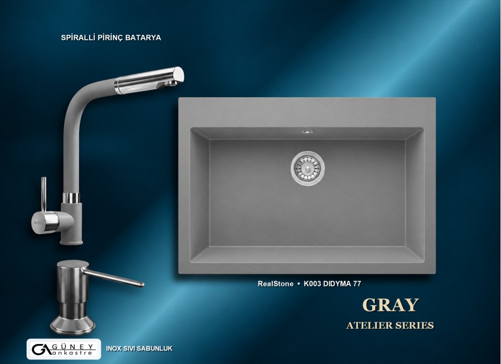 Güney Ankastre RealStone Gri Atelier Evye Batarya Seti - Didyma 77 K003 77x53 cm + Spiralli Pirinç Batarya + Inox Sıvı Sabunluk Güney Ankastre RealStone Gri Atelier Evye Batarya Seti - Didyma 77 K003 77x53 cm + Spiralli Pirinç Batarya + Inox Sıvı Sabunluk