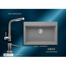 Güney Ankastre RealStone Gri Atelier Evye Batarya Seti - Didyma 77 K003 77x53 cm + Spiralli Pirinç Batarya + Inox Sıvı Sabunluk