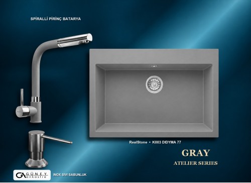 Güney Ankastre RealStone Gri Atelier Evye Batarya Seti - Didyma 77 K003 77x53 cm + Spiralli Pirinç Batarya + Inox Sıvı Sabunluk
