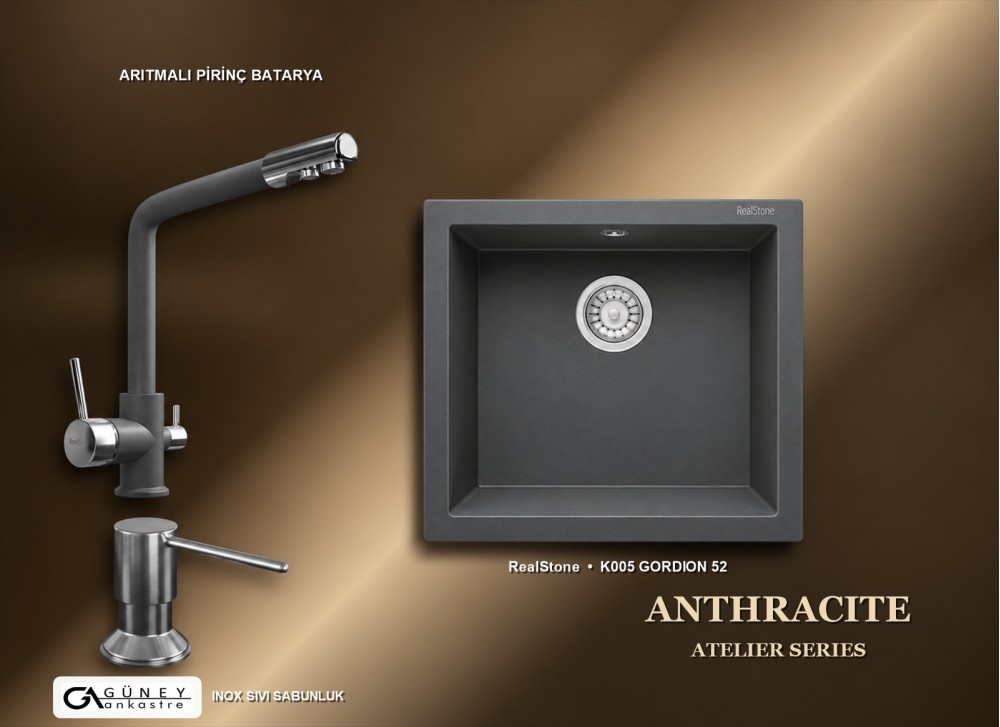 Güney Ankastre RealStone Antrasit Atelier Evye Batarya Seti - Gordion 52 K005 52x47 cm + Arıtmalı Pirinç Batarya + Inox Sıvı Sabunluk Güney Ankastre RealStone Antrasit Atelier Evye Batarya Seti - Gordion 52 K005 52x47 cm + Arıtmalı Pirinç Batarya + Inox Sıvı Sabunluk