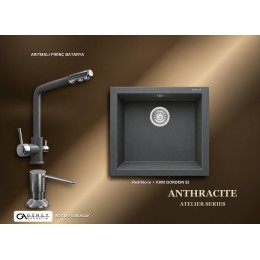 Güney Ankastre RealStone Antrasit Atelier Evye Batarya Seti - Gordion 52 K005 52x47 cm + Arıtmalı Pirinç Batarya + Inox Sıvı Sabunluk