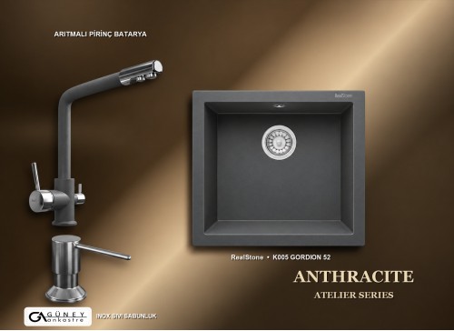 Güney Ankastre RealStone Antrasit Atelier Evye Batarya Seti - Gordion 52 K005 52x47 cm + Arıtmalı Pirinç Batarya + Inox Sıvı Sabunluk