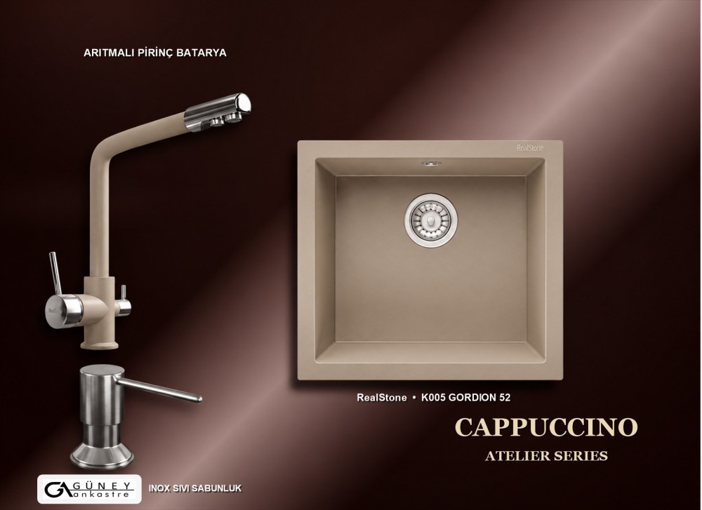 Güney Ankastre RealStone Cappuccino Atelier Evye Batarya Seti - Gordion 52 K005 52x47 cm + Arıtmalı Pirinç Batarya + Inox Sıvı Sabunluk Güney Ankastre RealStone Cappuccino Atelier Evye Batarya Seti - Gordion 52 K005 52x47 cm + Arıtmalı Pirinç Batarya + Inox Sıvı Sabunluk