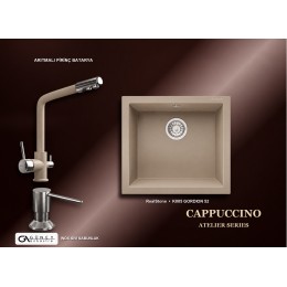 Güney Ankastre RealStone Cappuccino Atelier Evye Batarya Seti - Gordion 52 K005 52x47 cm + Arıtmalı Pirinç Batarya + Inox Sıvı Sabunluk