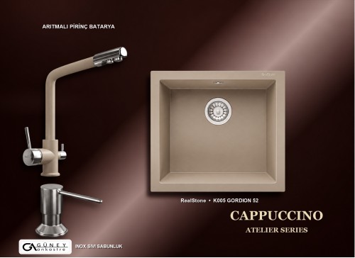 Güney Ankastre RealStone Cappuccino Atelier Evye Batarya Seti - Gordion 52 K005 52x47 cm + Arıtmalı Pirinç Batarya + Inox Sıvı Sabunluk