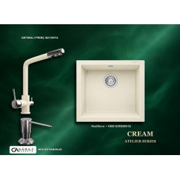 Güney Ankastre RealStone Krem Atelier Evye Batarya Seti - Gordion 52 K005 52x47 cm + Arıtmalı Pirinç Batarya + Inox Sıvı Sabunluk