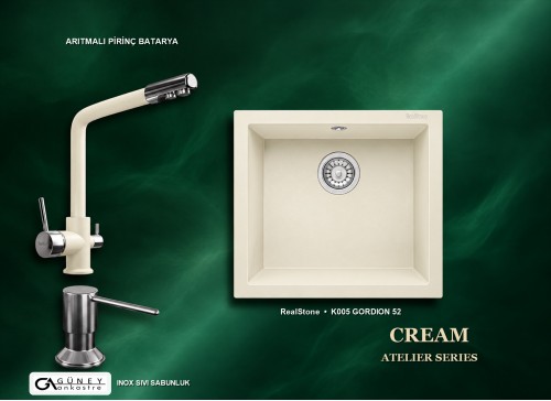 Güney Ankastre RealStone Krem Atelier Evye Batarya Seti - Gordion 52 K005 52x47 cm + Arıtmalı Pirinç Batarya + Inox Sıvı Sabunluk