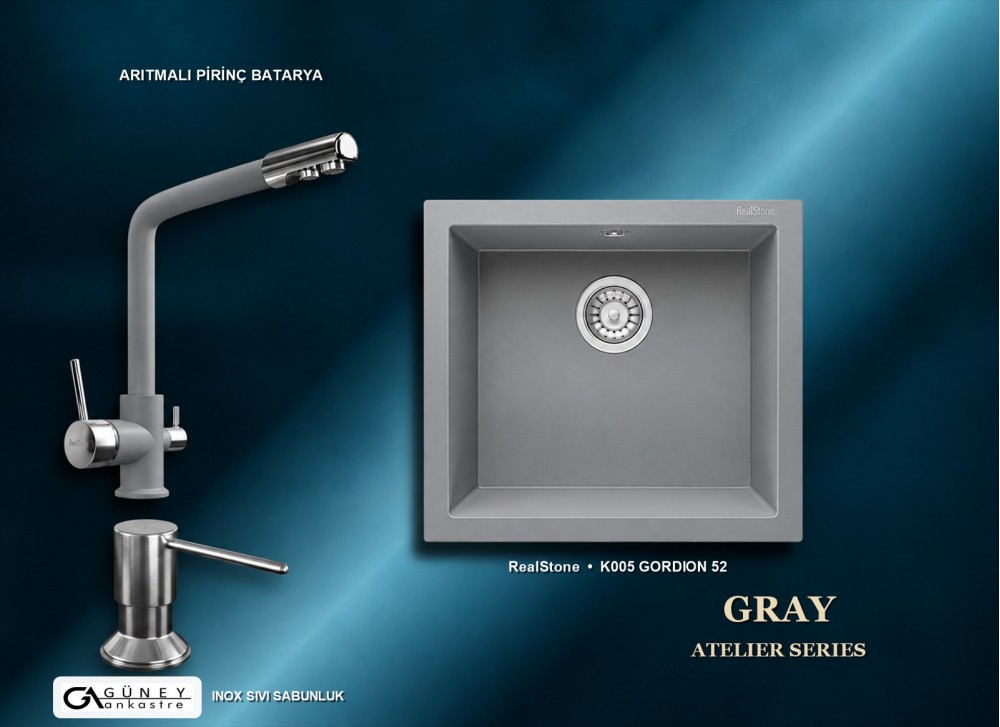 Güney Ankastre RealStone Gri Atelier Evye Batarya Seti - Gordion 52 K005 52x47 cm + Arıtmalı Pirinç Batarya + Inox Sıvı Sabunluk Güney Ankastre RealStone Gri Atelier Evye Batarya Seti - Gordion 52 K005 52x47 cm + Arıtmalı Pirinç Batarya + Inox Sıvı Sabunluk