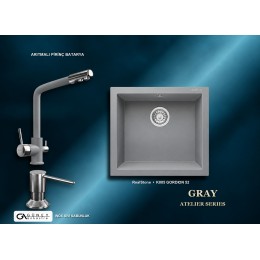 Güney Ankastre RealStone Gri Atelier Evye Batarya Seti - Gordion 52 K005 52x47 cm + Arıtmalı Pirinç Batarya + Inox Sıvı Sabunluk