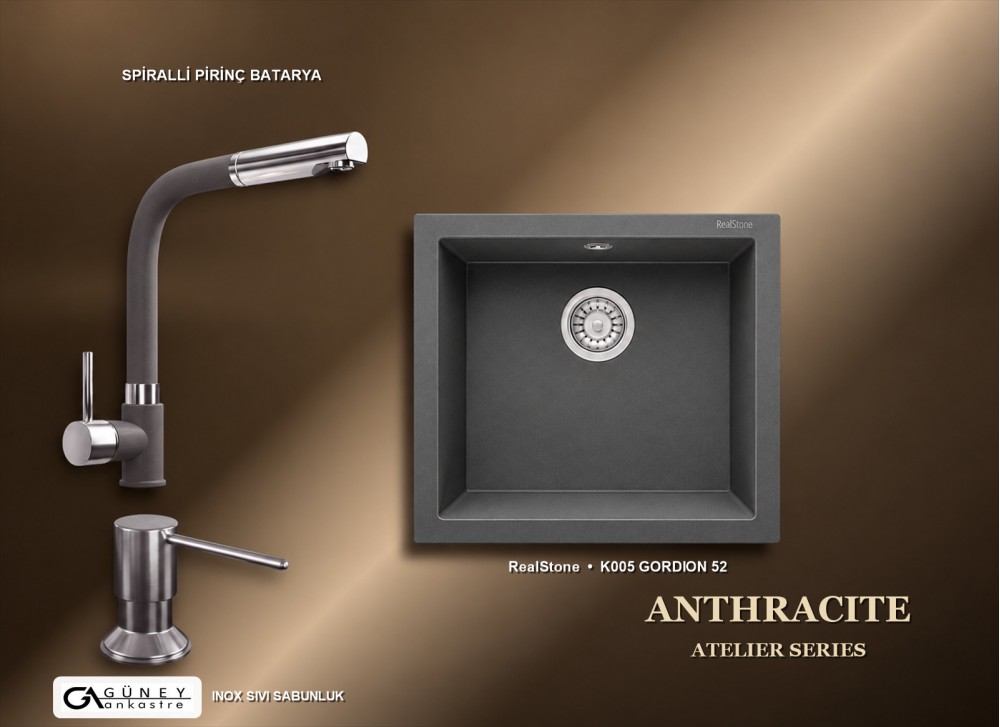 Güney Ankastre RealStone Antrasit Atelier Evye Batarya Seti - Gordion 52 K005 52x47 cm + Spiralli Pirinç Batarya + Inox Sıvı Sabunluk Güney Ankastre RealStone Antrasit Atelier Evye Batarya Seti - Gordion 52 K005 52x47 cm + Spiralli Pirinç Batarya + Inox Sıvı Sabunluk