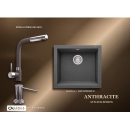 Güney Ankastre RealStone Antrasit Atelier Evye Batarya Seti - Gordion 52 K005 52x47 cm + Spiralli Pirinç Batarya + Inox Sıvı Sabunluk