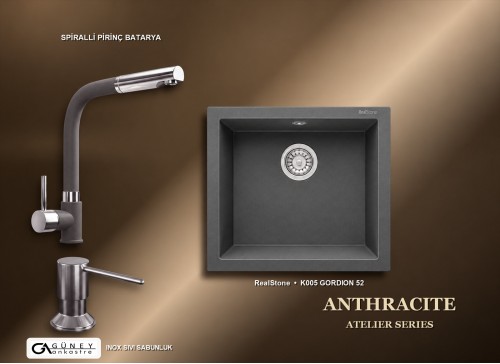 Güney Ankastre RealStone Antrasit Atelier Evye Batarya Seti - Gordion 52 K005 52x47 cm + Spiralli Pirinç Batarya + Inox Sıvı Sabunluk