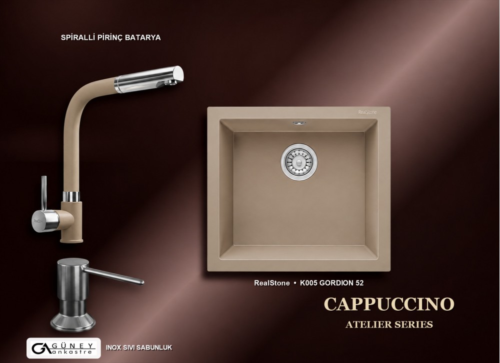 Güney Ankastre RealStone Cappuccino Atelier Evye Batarya Seti - Gordion 52 K005 52x47 cm + Spiralli Pirinç Batarya + Inox Sıvı Sabunluk Güney Ankastre RealStone Cappuccino Atelier Evye Batarya Seti - Gordion 52 K005 52x47 cm + Spiralli Pirinç Batarya + Inox Sıvı Sabunluk