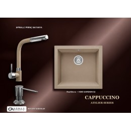 Güney Ankastre RealStone Cappuccino Atelier Evye Batarya Seti - Gordion 52 K005 52x47 cm + Spiralli Pirinç Batarya + Inox Sıvı Sabunluk