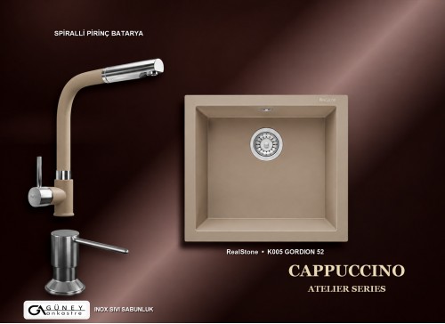 Güney Ankastre RealStone Cappuccino Atelier Evye Batarya Seti - Gordion 52 K005 52x47 cm + Spiralli Pirinç Batarya + Inox Sıvı Sabunluk