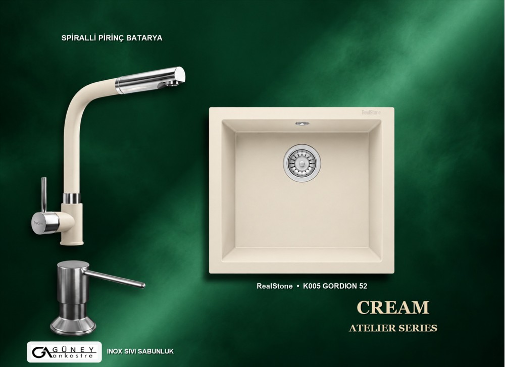 Güney Ankastre RealStone Krem Atelier Evye Batarya Seti - Gordion 52 K005 52x47 cm + Spiralli Pirinç Batarya + Inox Sıvı Sabunluk Güney Ankastre RealStone Krem Atelier Evye Batarya Seti - Gordion 52 K005 52x47 cm + Spiralli Pirinç Batarya + Inox Sıvı Sabunluk
