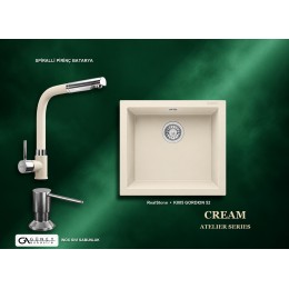 Güney Ankastre RealStone Krem Atelier Evye Batarya Seti - Gordion 52 K005 52x47 cm + Spiralli Pirinç Batarya + Inox Sıvı Sabunluk