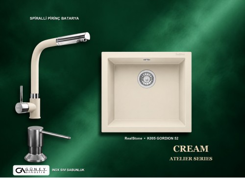 Güney Ankastre RealStone Krem Atelier Evye Batarya Seti - Gordion 52 K005 52x47 cm + Spiralli Pirinç Batarya + Inox Sıvı Sabunluk