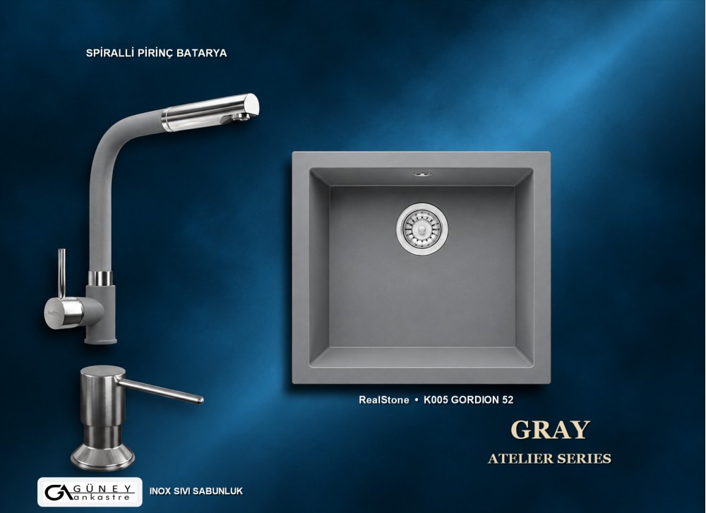 Güney Ankastre RealStone Gri Atelier Evye Batarya Seti - Gordion 52 K005 52x47 cm + Spiralli Pirinç Batarya + Inox Sıvı Sabunluk Güney Ankastre RealStone Gri Atelier Evye Batarya Seti - Gordion 52 K005 52x47 cm + Spiralli Pirinç Batarya + Inox Sıvı Sabunluk