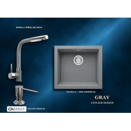 Güney Ankastre RealStone Gri Atelier Evye Batarya Seti - Gordion 52 K005 52x47 cm + Spiralli Pirinç Batarya + Inox Sıvı Sabunluk