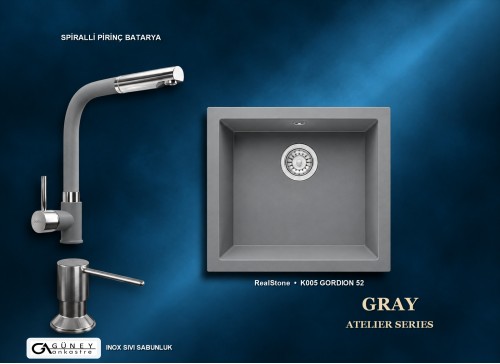 Güney Ankastre RealStone Gri Atelier Evye Batarya Seti - Gordion 52 K005 52x47 cm + Spiralli Pirinç Batarya + Inox Sıvı Sabunluk