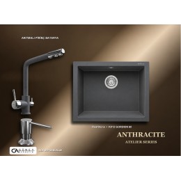 Güney Ankastre RealStone Antrasit Atelier Evye Batarya Seti - Gordion 60 K012 60x47,5 cm + Arıtmalı Pirinç Batarya + Inox Sıvı Sabunluk