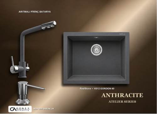 Güney Ankastre RealStone Antrasit Atelier Evye Batarya Seti - Gordion 60 K012 60x47,5 cm + Arıtmalı Pirinç Batarya + Inox Sıvı Sabunluk